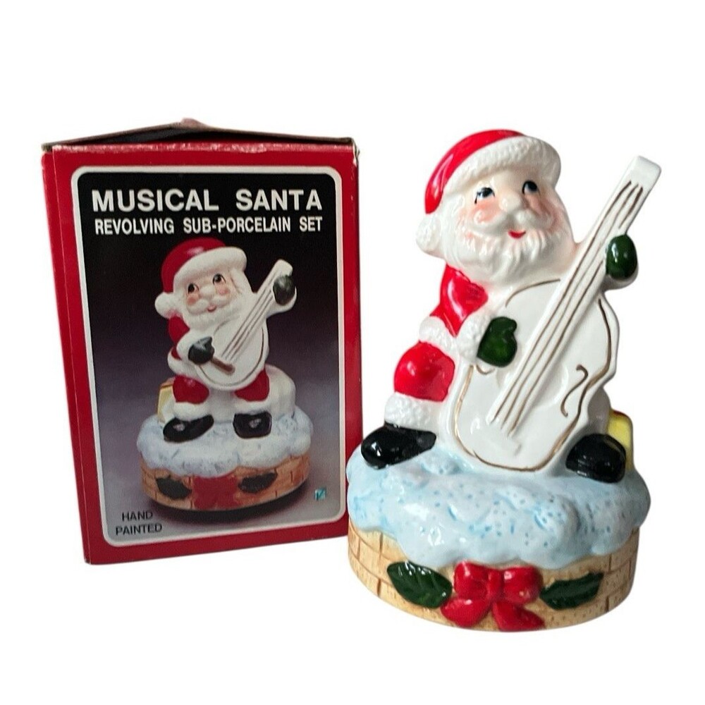 Vintage Christmas Santa Claus Musical Revolving Cello Jingle Bells 7”x5” READ